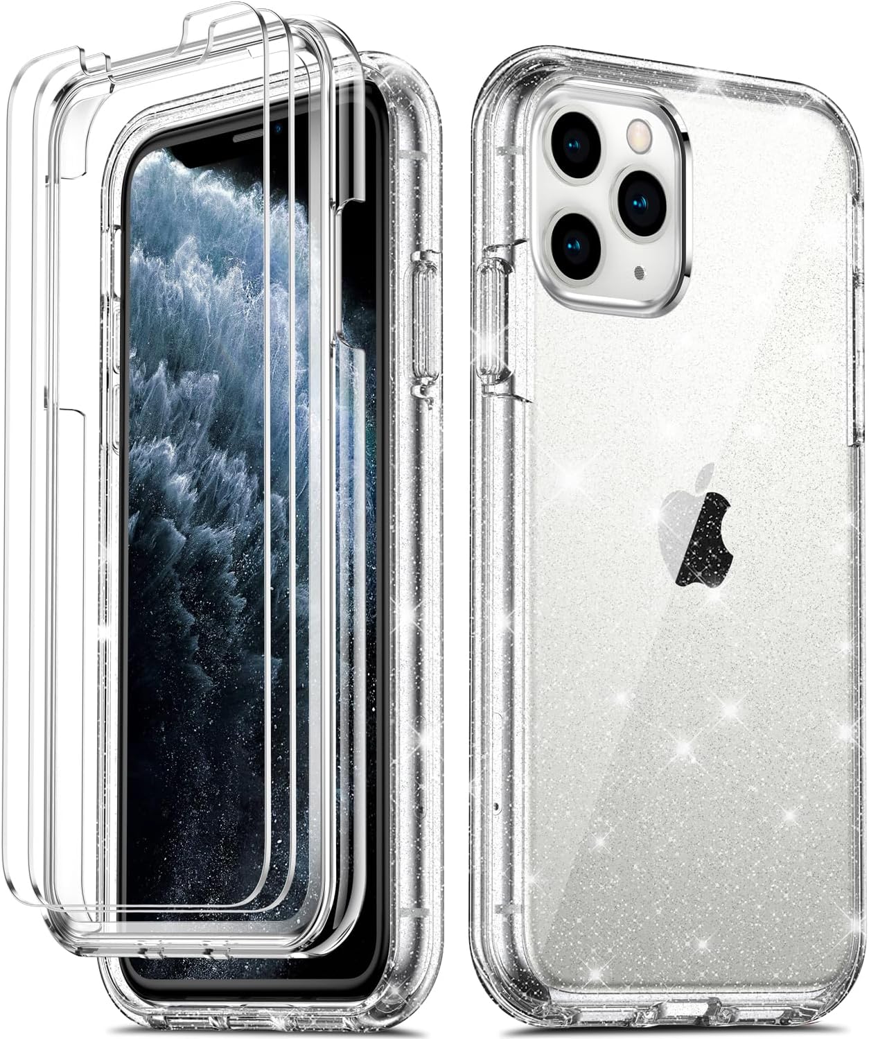 Maxandfix - iPhone 11 Pro Case with x 2 Tempered Glass Screen Protector - Clear Glitter - - Maxandfix -